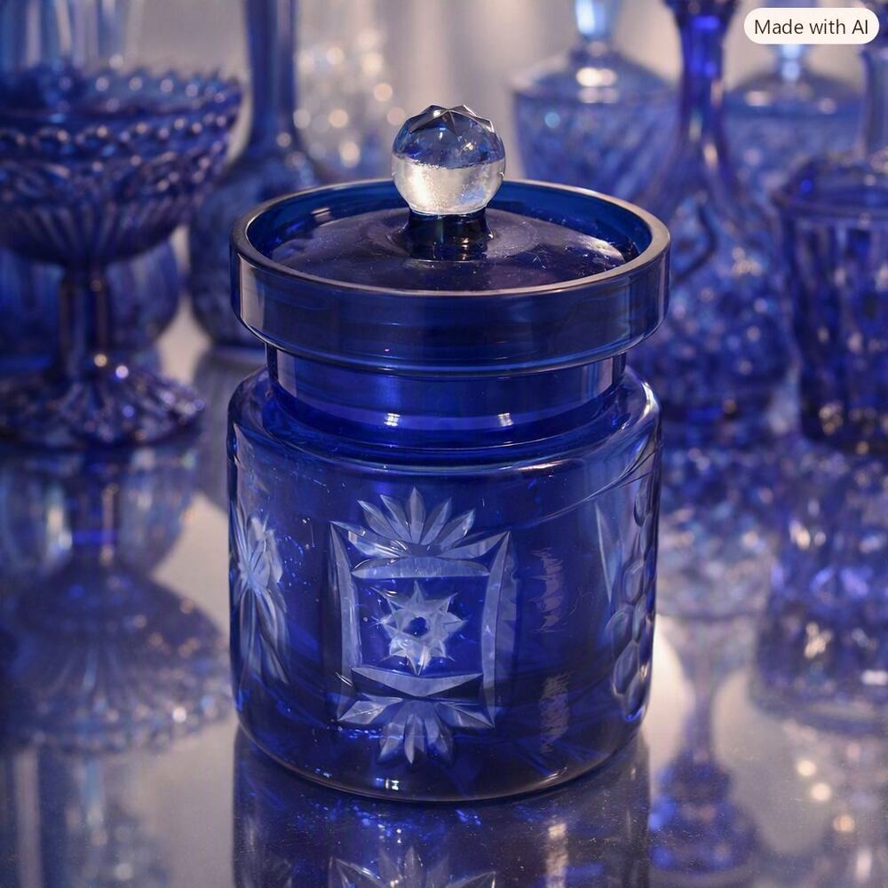 Vintage Bohemian Czech Republic Cobalt Blue Cut Jelly Jam Jar Grape And Star